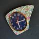 Vintage formica clock silent asymmetrical wall pendulum "Blue purple green flowers"