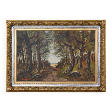 Important painting "Stroll in the Underwood", oil on canvas, signed L. Gourdon – 1896
