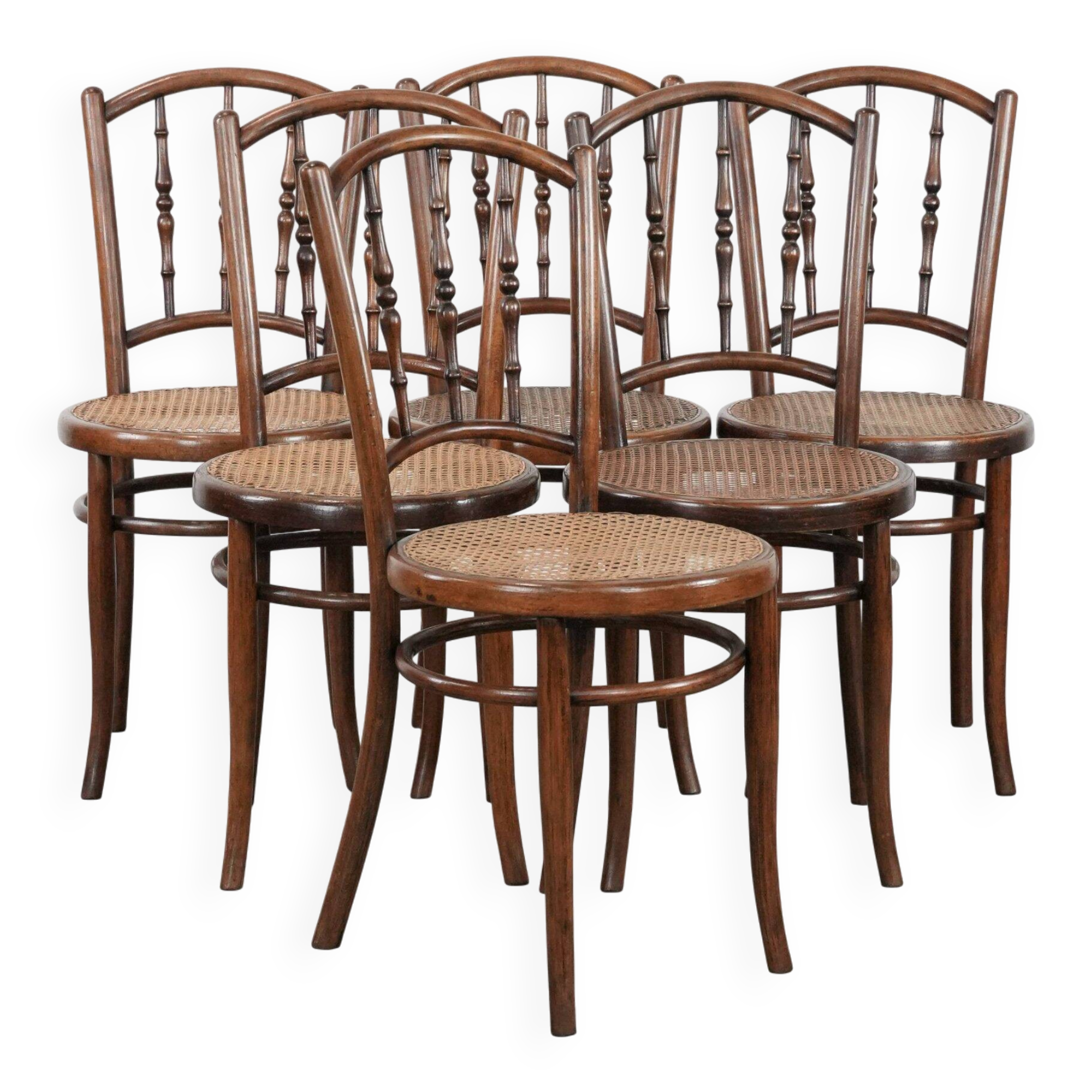 Beautiful set of 6 wooden vintage bistro chairs by Jacob & Josef Kohn Wien with cane seat
