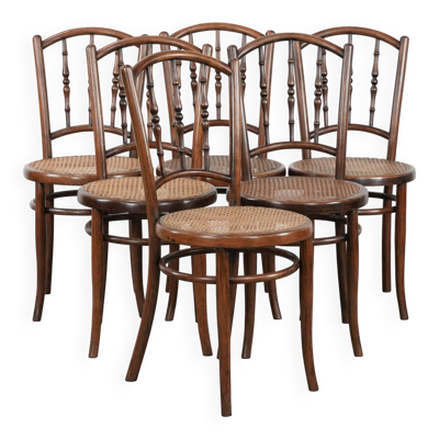 Magnifique ensemble de 6 chaises de bistrot vintage en bois de Jacob & Josef Kohn Wien avec assise en rotin