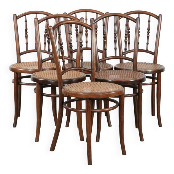 Magnifique ensemble de 6 chaises de bistrot vintage en bois de Jacob & Josef Kohn Wien avec assise en rotin