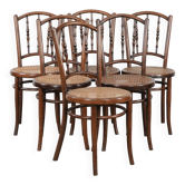 Beautiful set of 6 wooden vintage bistro chairs by Jacob & Josef Kohn Wien with cane seat