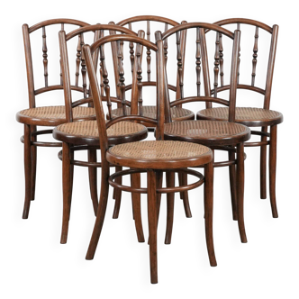 Beautiful set of 6 wooden vintage bistro chairs by Jacob & Josef Kohn Wien with cane seat