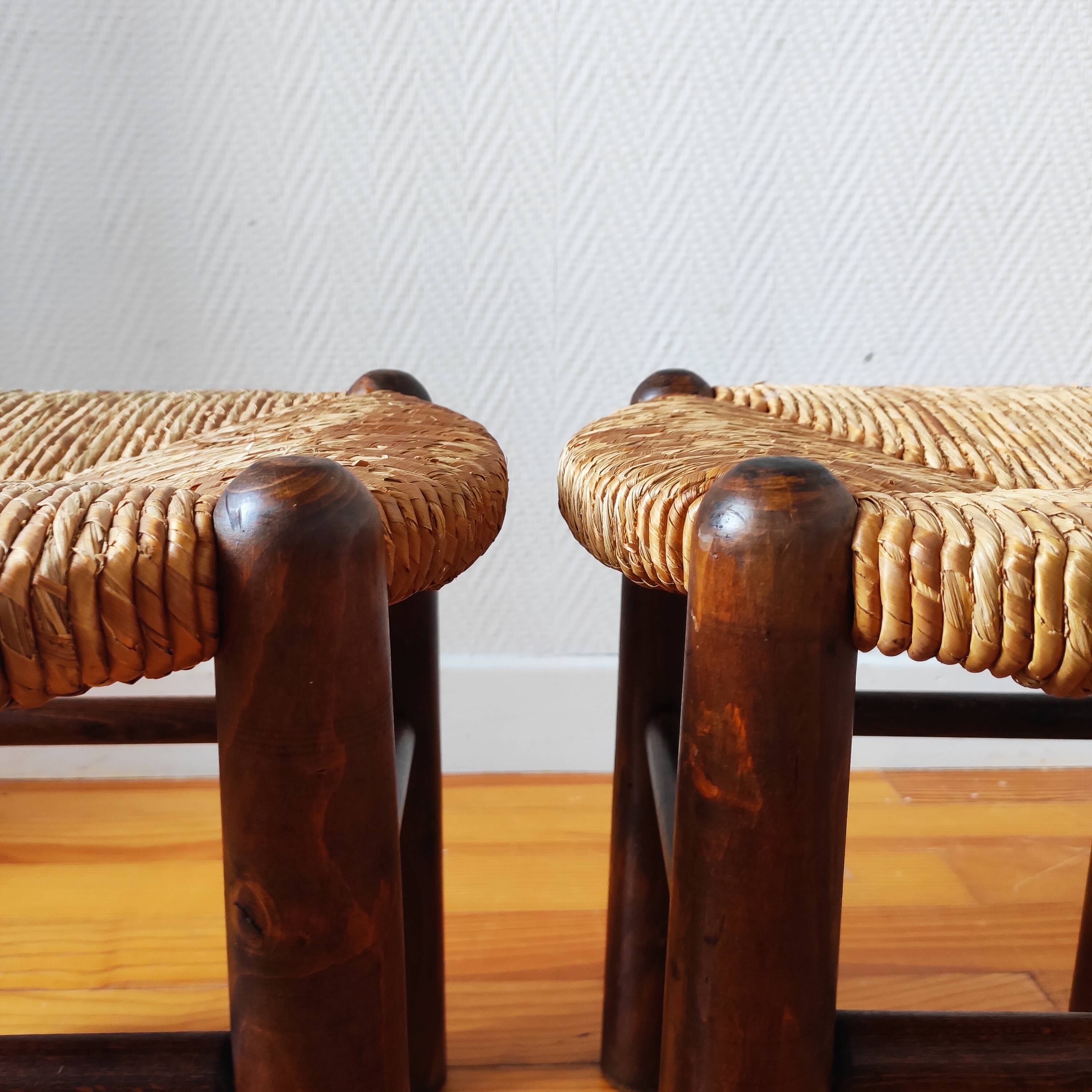 Brutalist wooden and straw stools - France 1950