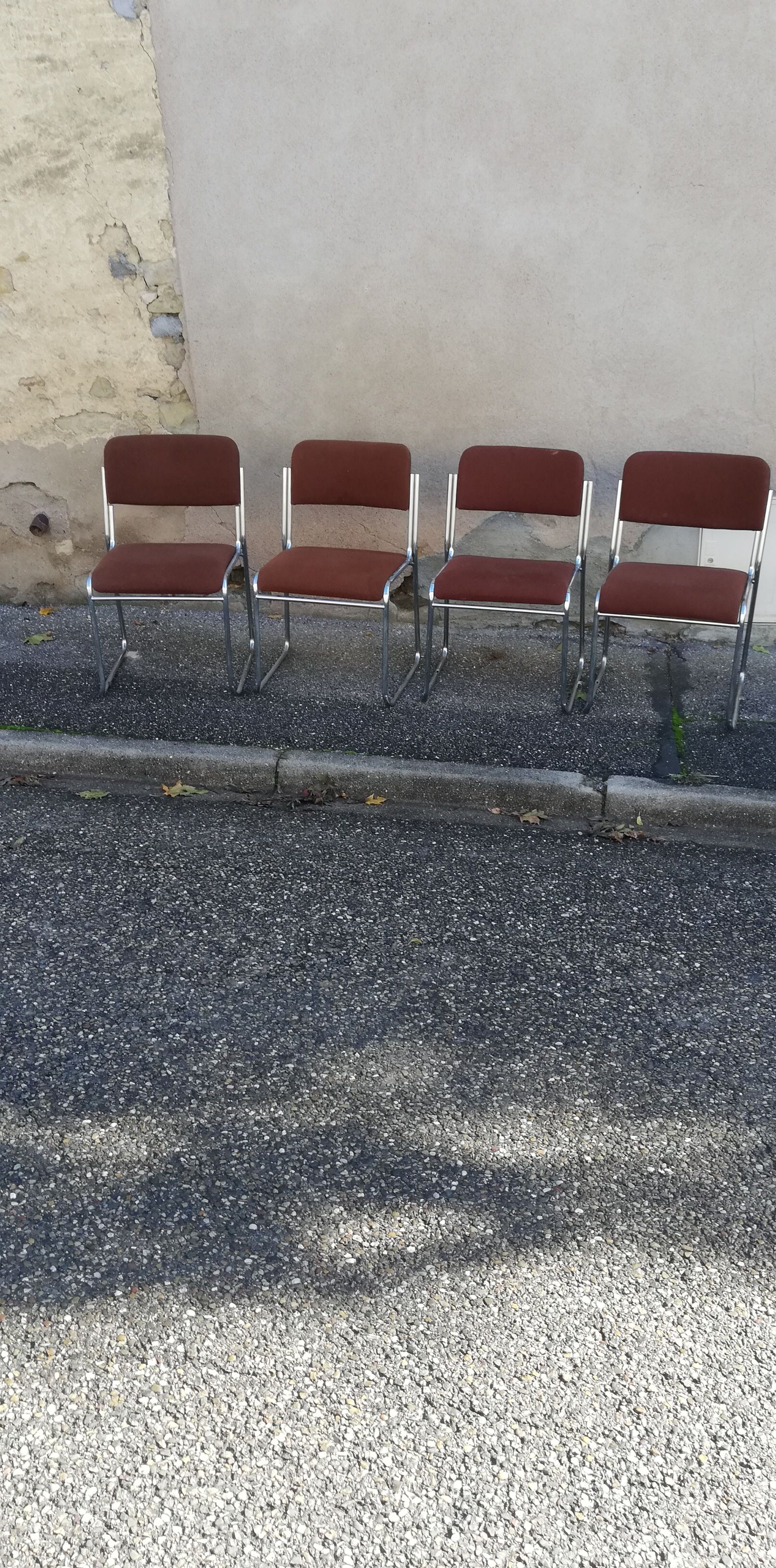 Set de 4 chaises vintage chrome et tissu marron