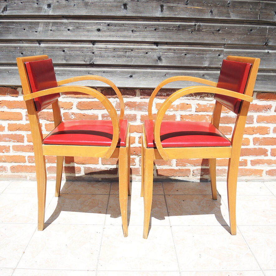 2 anciens fauteuils bridge bois & skai rouge