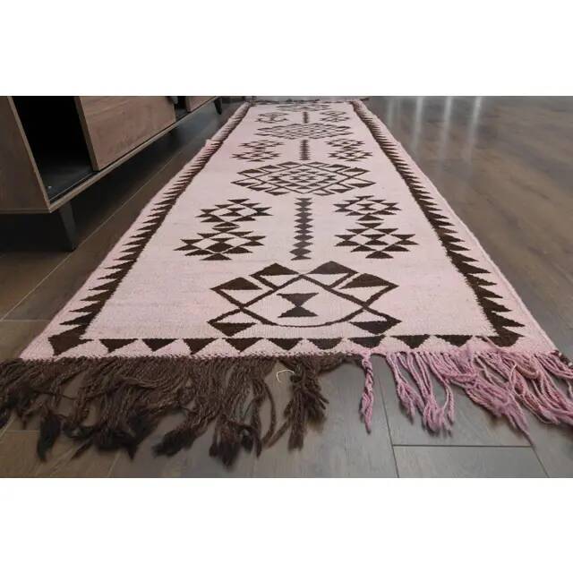 1970s vintage Turkish Oushak handmade wool cotton pink runner rug 98x317