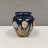Small delicious blue ceramic vase with floral decoration. Sweden 1970s