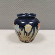 Small delicious blue ceramic vase with floral decoration. Sweden 1970s