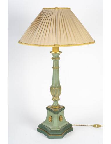 Carved, lacquered and gilded wooden lamp, 1950-1960, Louis XVI style.
