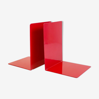 2 red bookends made of metal