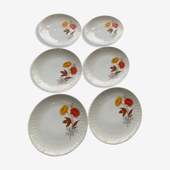 Set de 6 petites assiettes en porcelaine et fleurs orange et jaune vintage
