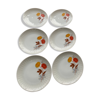 6 small porcelain plates and vintage orange and yellow flowers