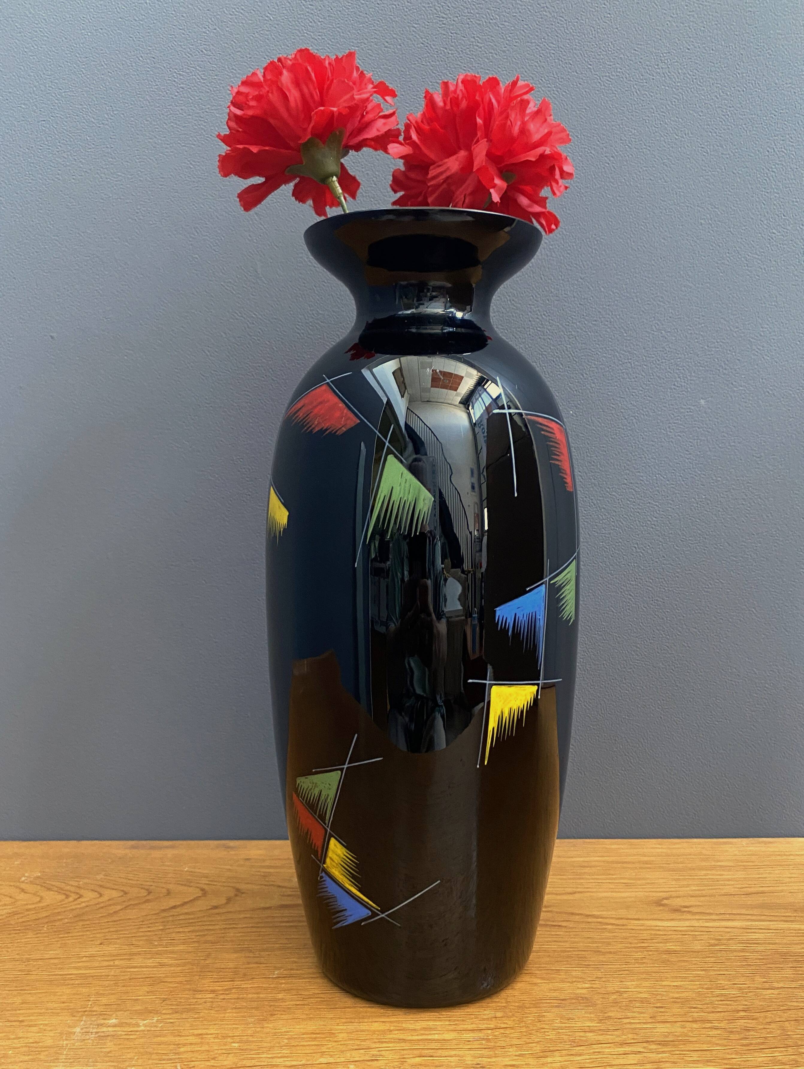 Black glass vase with red, green, blue and yellow details 1960s