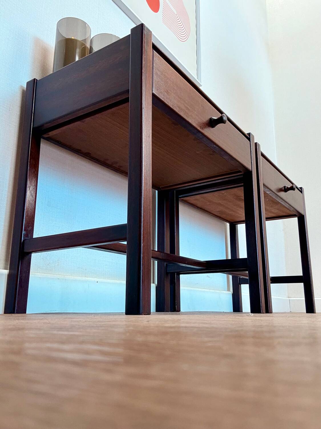 Pair of walnut bedside tables designed by Jacques Hauville for Roche Bobois.