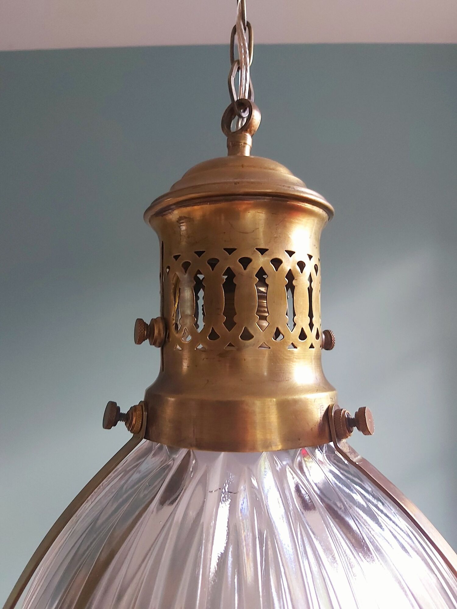 Holophane pendant lamp in prismatic glass and brass, 1920s-30s