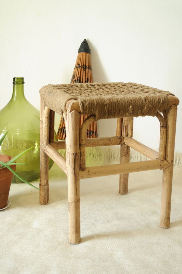 Tabouret bambou et corde artisanal vintage
