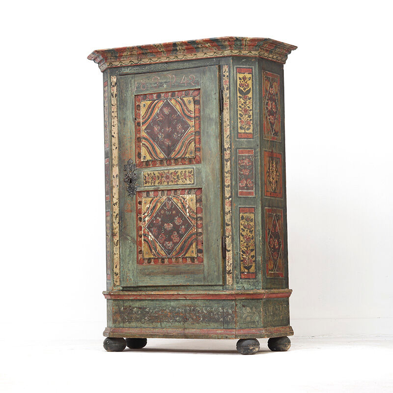 Antique Rustic Farmhouse Folk Art Painted Bridal Cabinet 1842