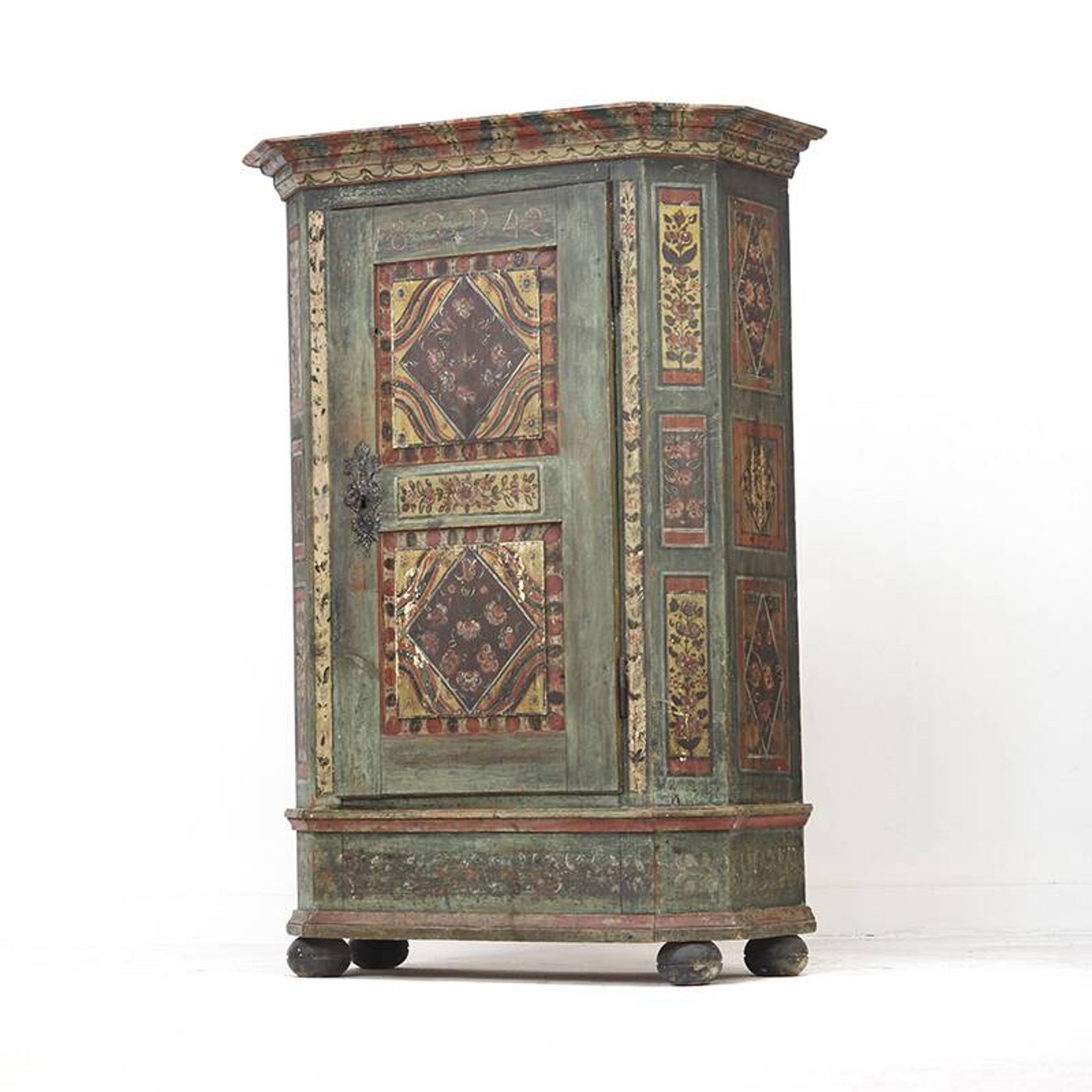 Antique Rustic Farmhouse Folk Art Painted Bridal Cabinet 1842