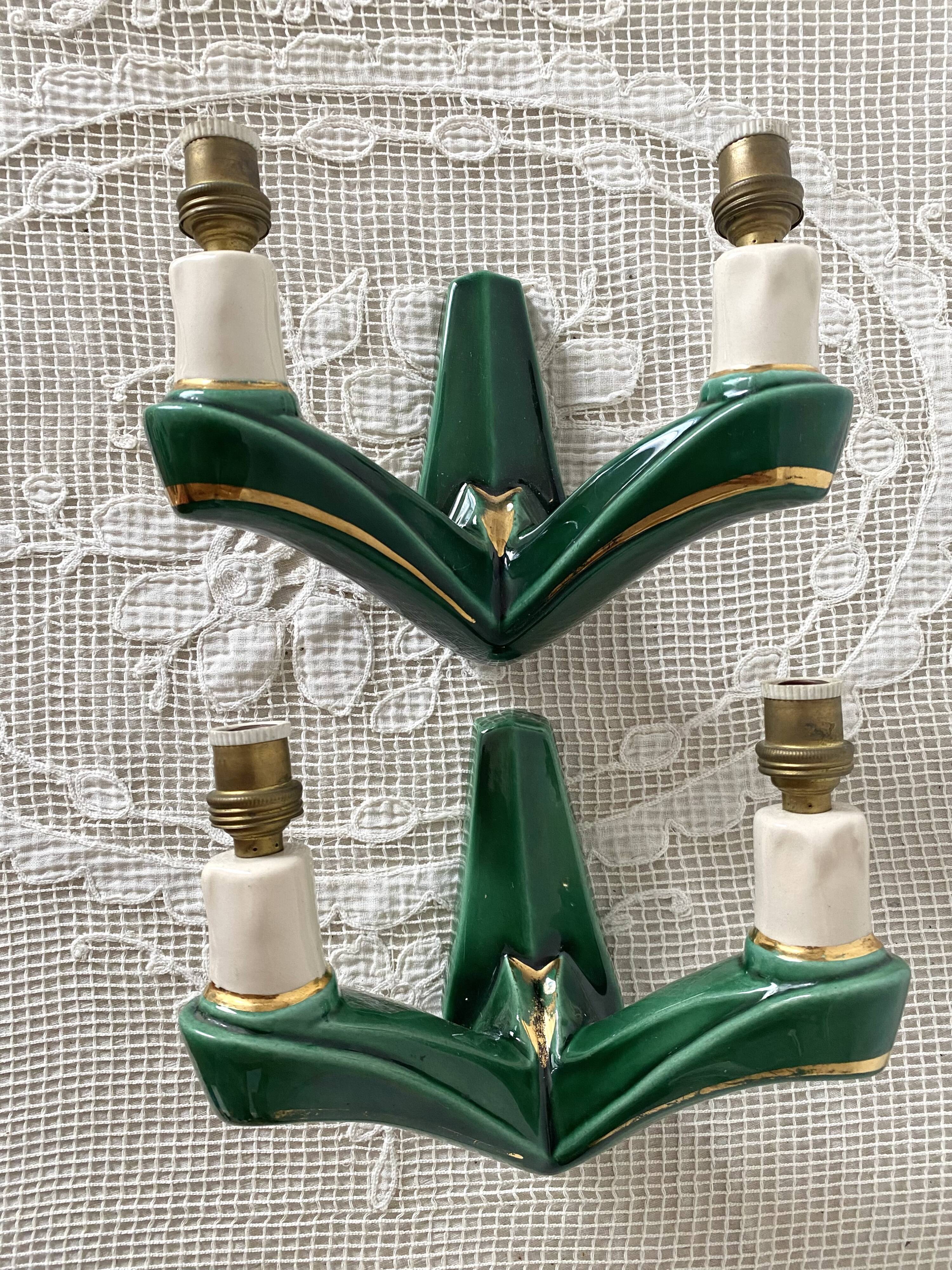 Pair of double art deco ceramic wall lights