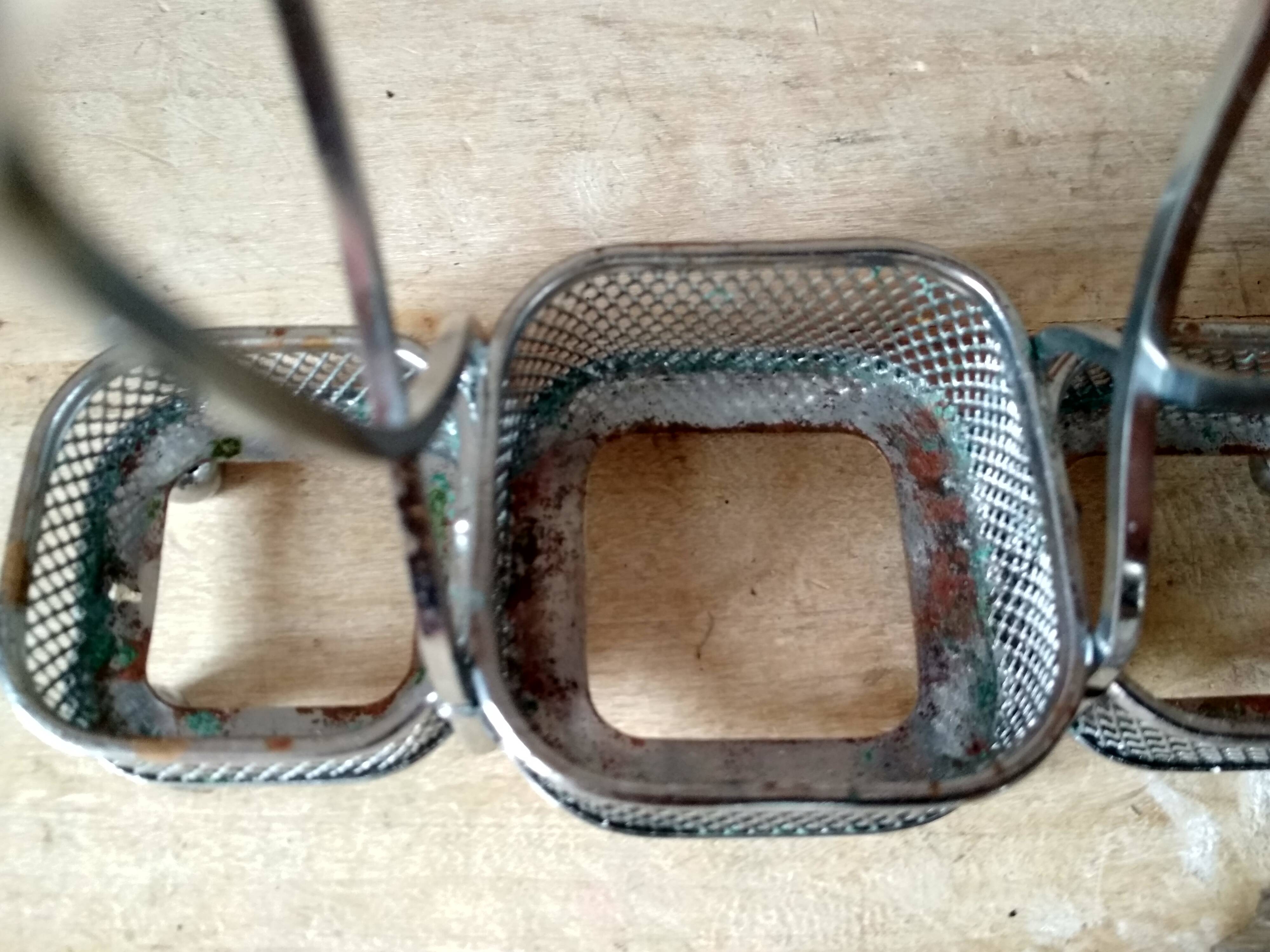 Set of 2 small salt pots and mustard pot in molded glass on their metal servant