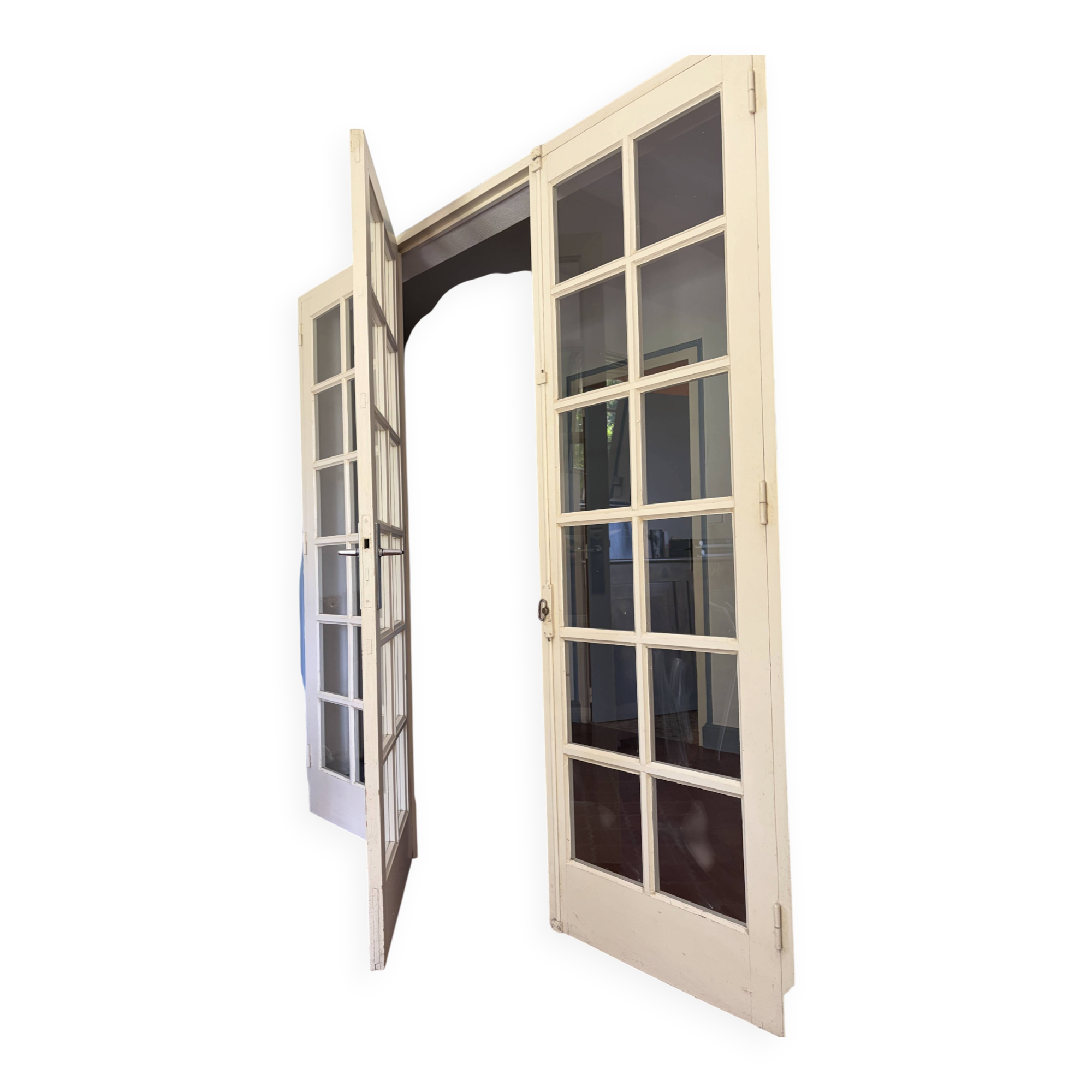 Triptych glass door with three panels featuring small panes. Vintage.
