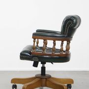 Dark green cowhide leather and wood chesterfield office chair on wheels