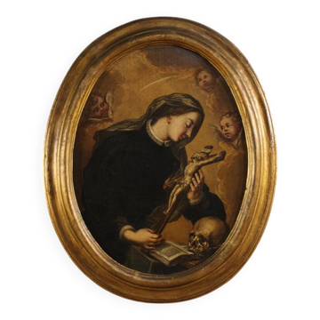 Peinture ovale antique de Sainte Catherine de Gênes du XVIIe siècle