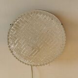 Ceiling light, in dark metallic paint with thick glass shade with beautiful details in the glass.