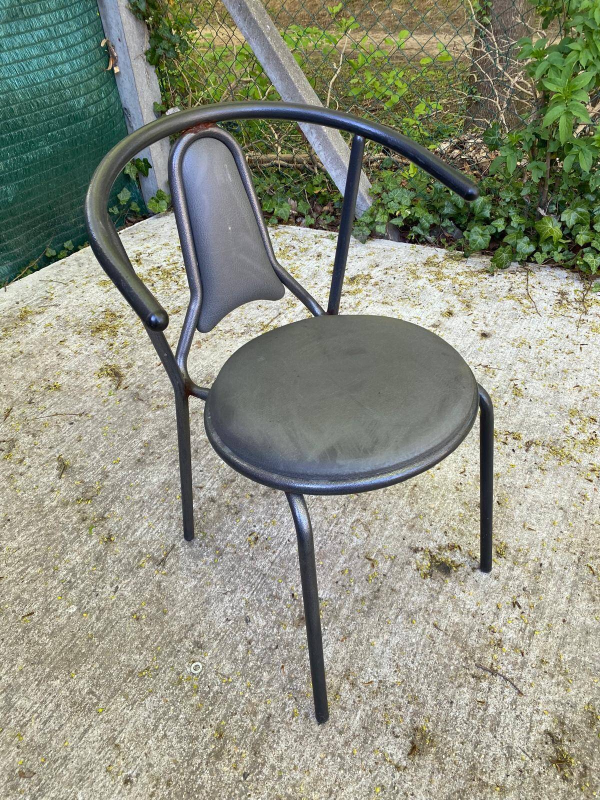 Vintage bistro chair in steel and grey leather from the 1980s.