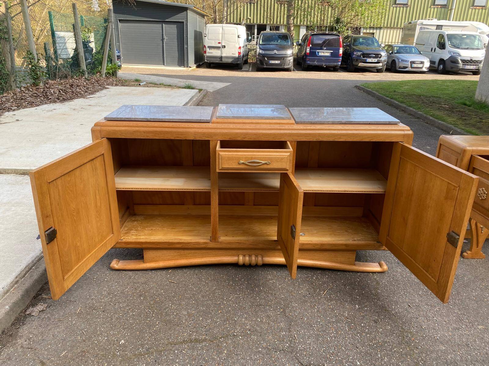 Parisian Art Deco sideboard with 2 sections in solid oak and marble, 1940