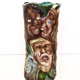 Unique Vintage Hand-Painted Vase with Faces Ascribable to Tullio d'Albisola