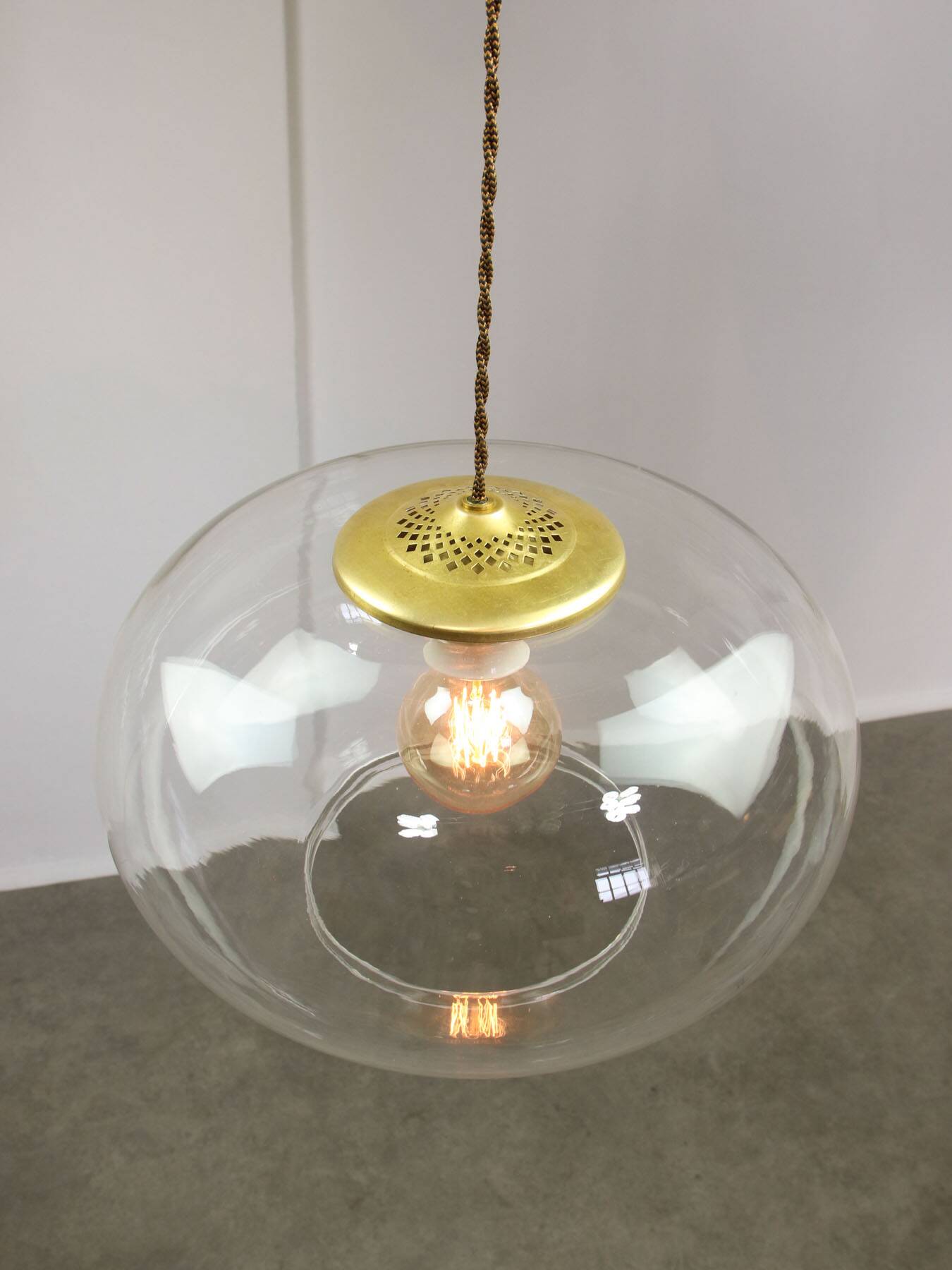 Italian Mid-Century Glass and Brass Pendant Lamp