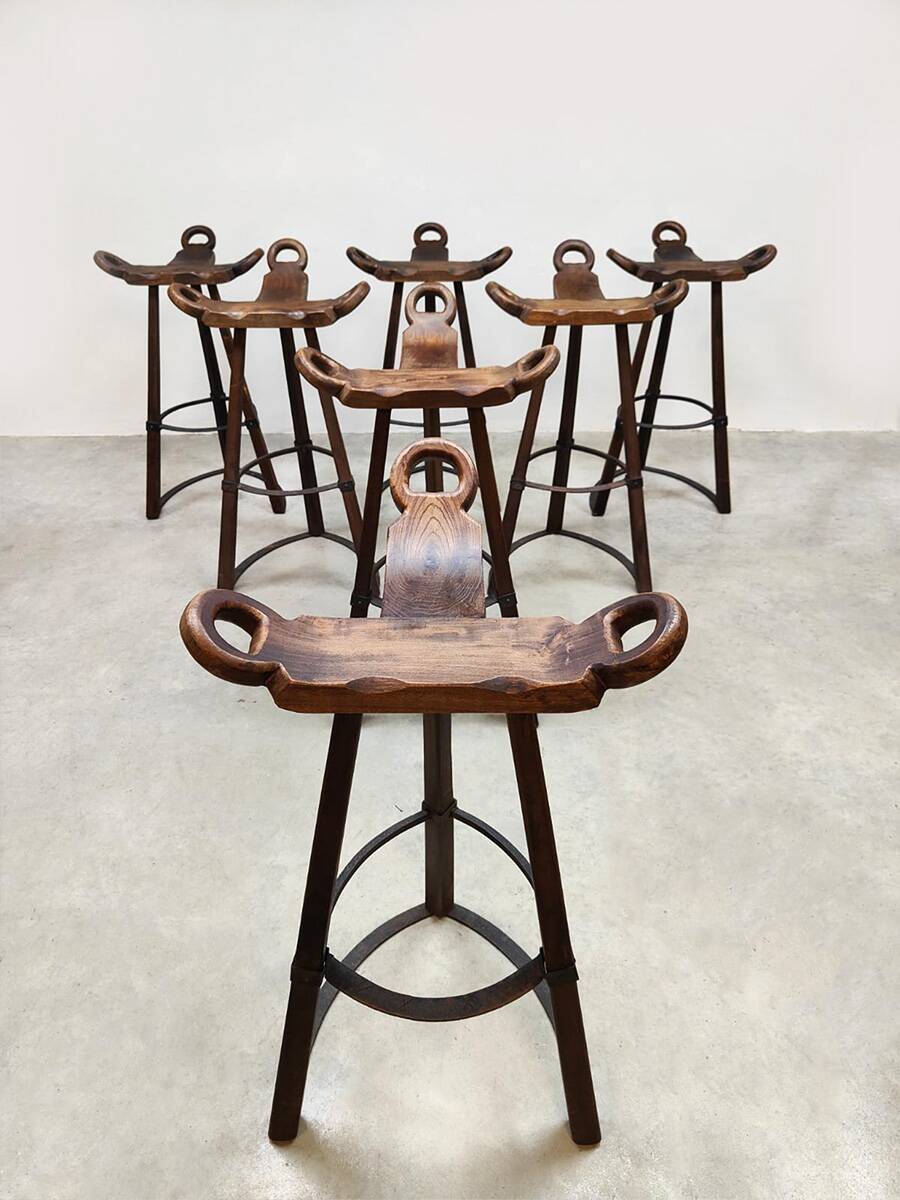 Vintage rare brutalist set of 7 Spanish barstools
