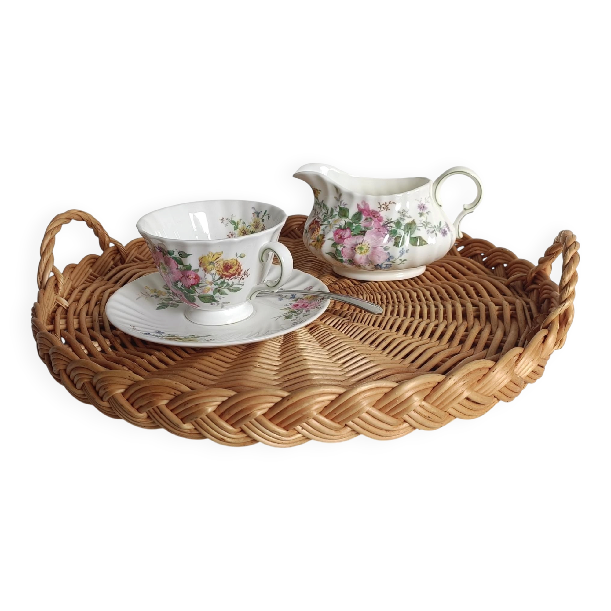 Rustic French Provence Large Round Handled Wicker Tray, France