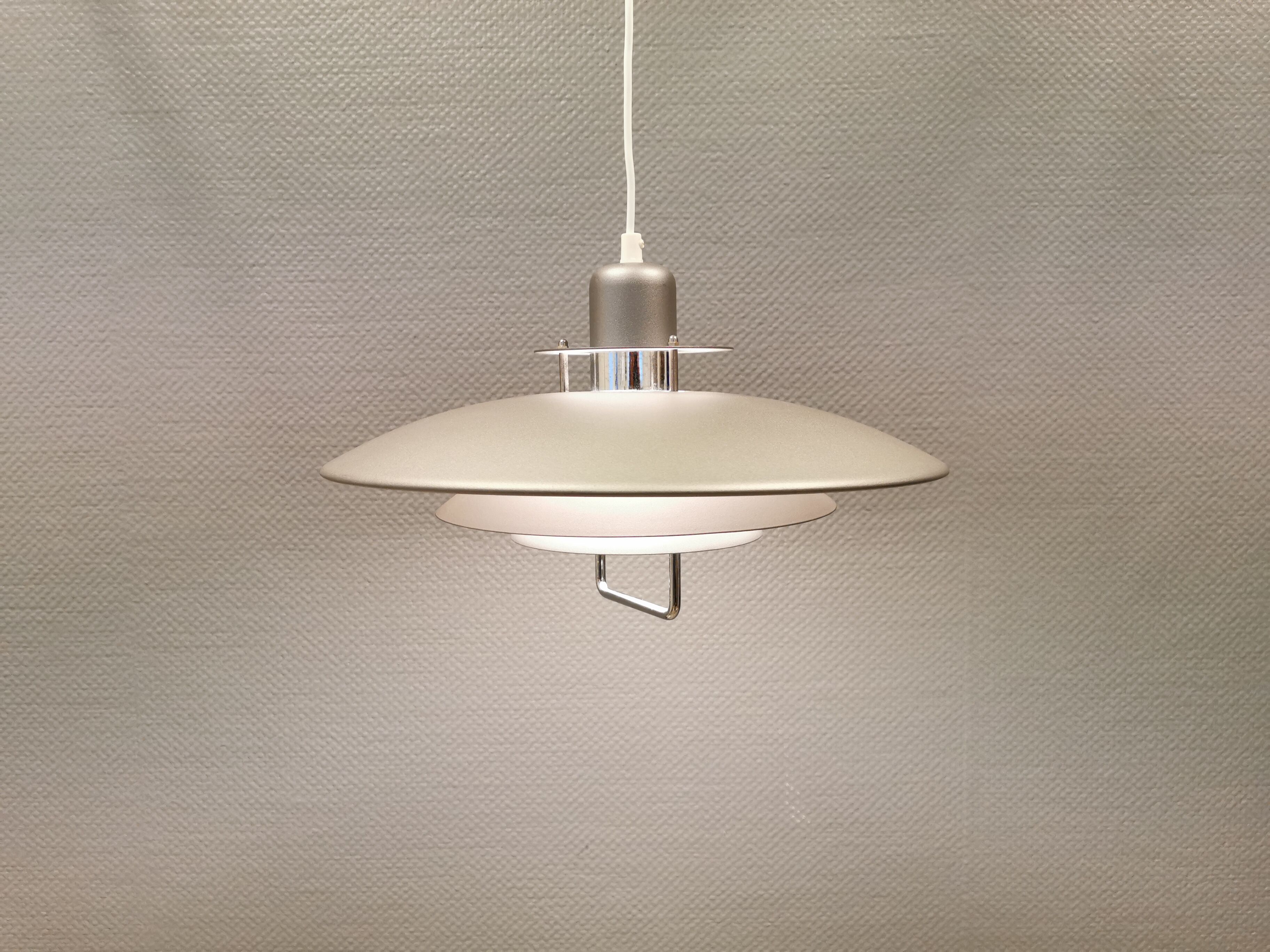 Swedish hanging lamp, produced by Belid in the original silver-grey colour.