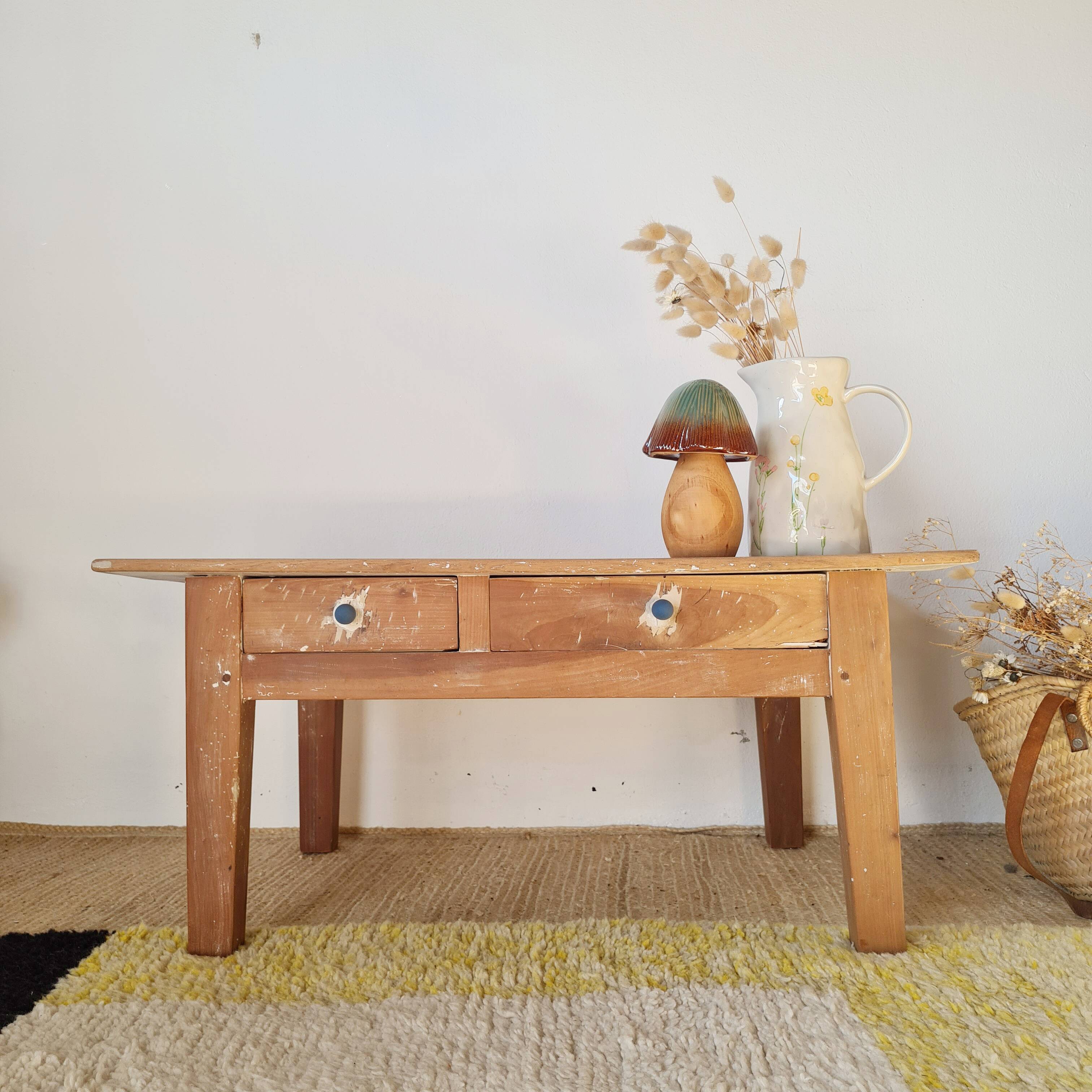 Old low farmhouse table - 2 drawers