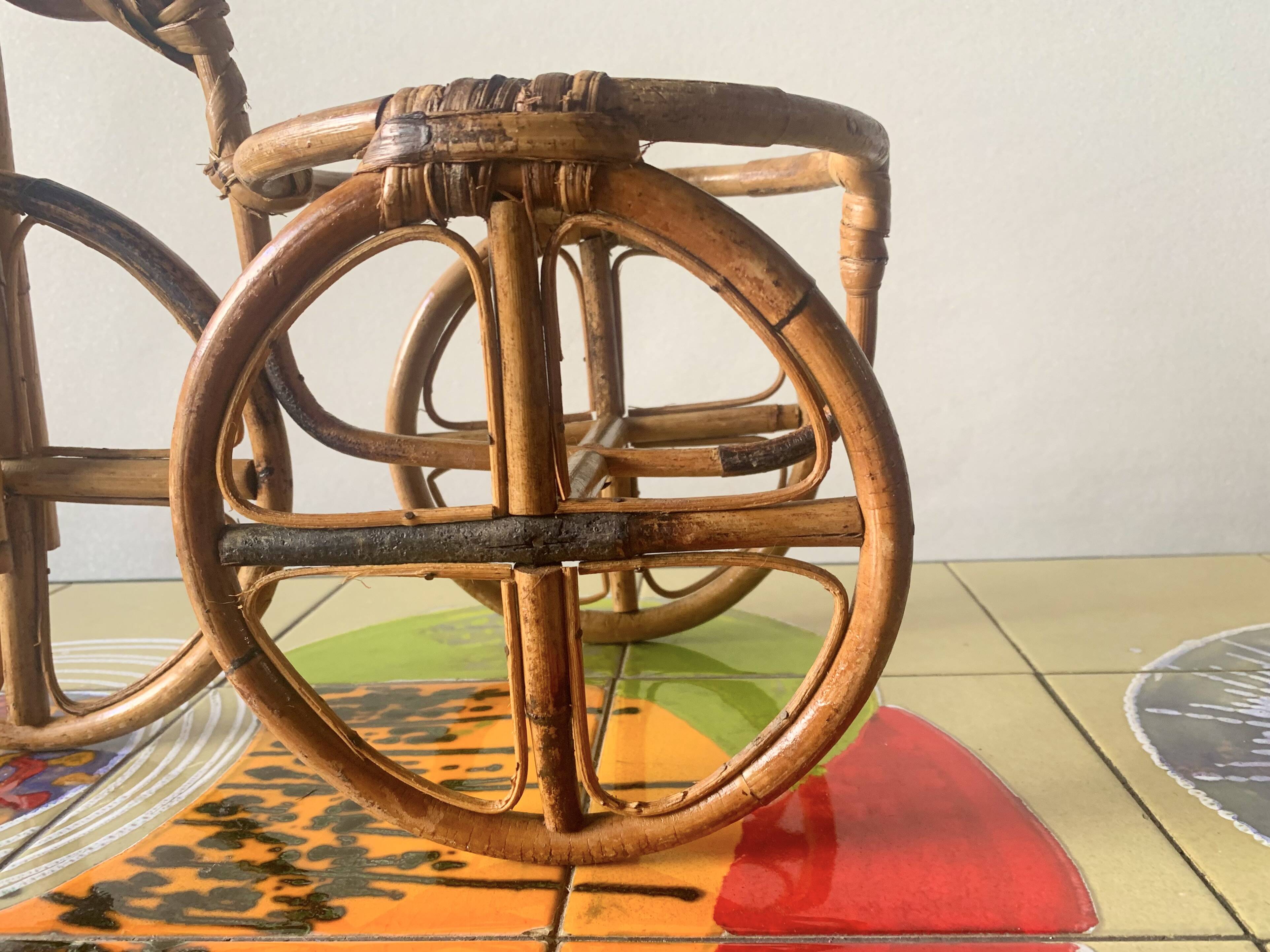 Vintage plant holder tricycle in bamboo and rattan