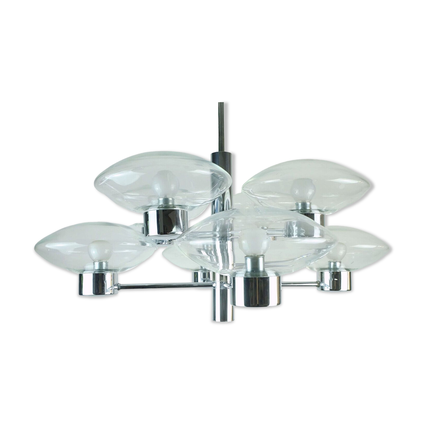 1970s kaiser 8-light PENDANT LIGHT chandelier chrom and clear glass