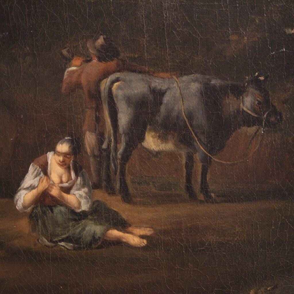 Antique Flemish bucolic landscape painting from the 18th century