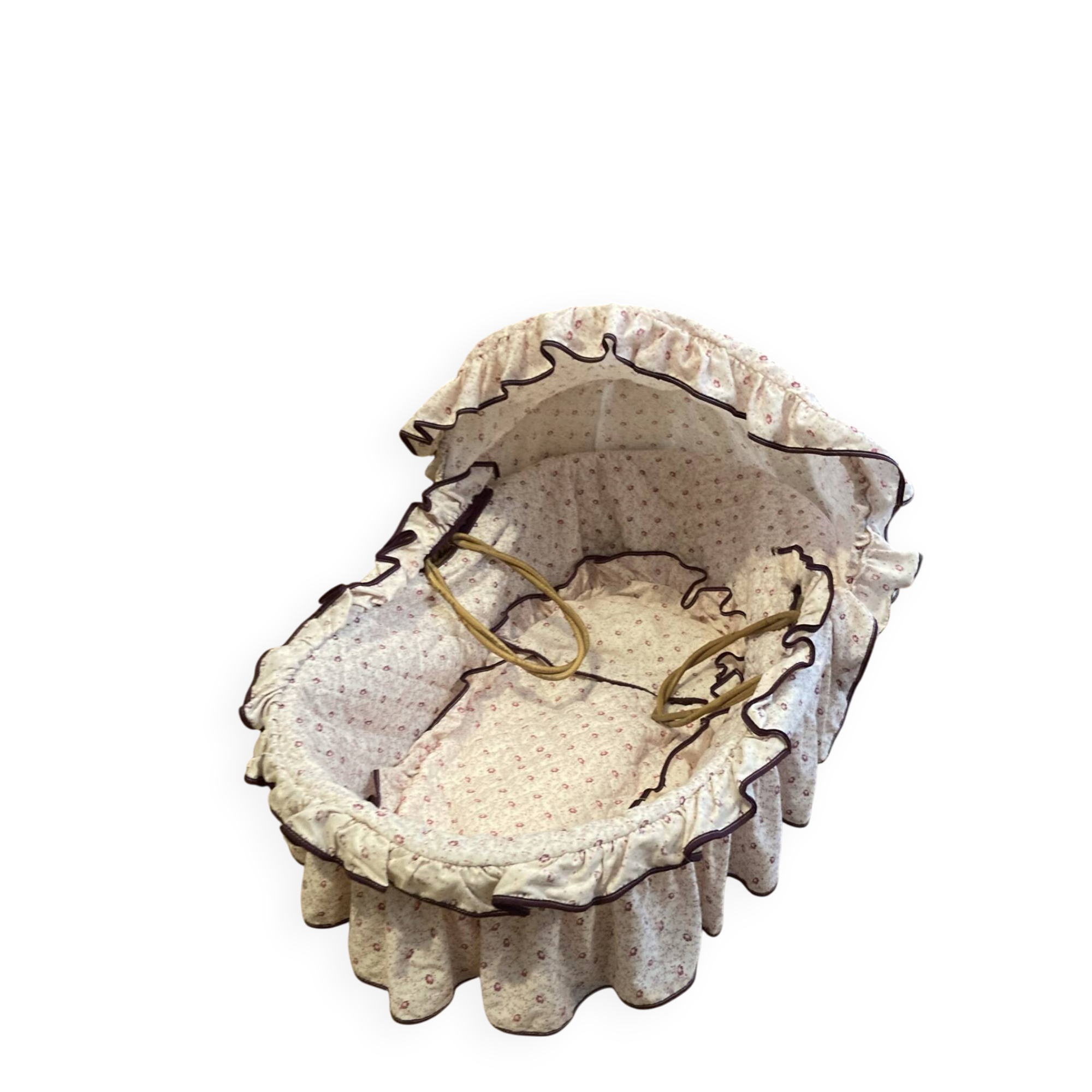 Berceau couffin en rotin osier années 1960 avec matelas et voilages