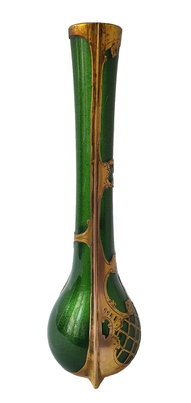 Soliflore vase legras imperial green copper decors enhanced with gold unsigned