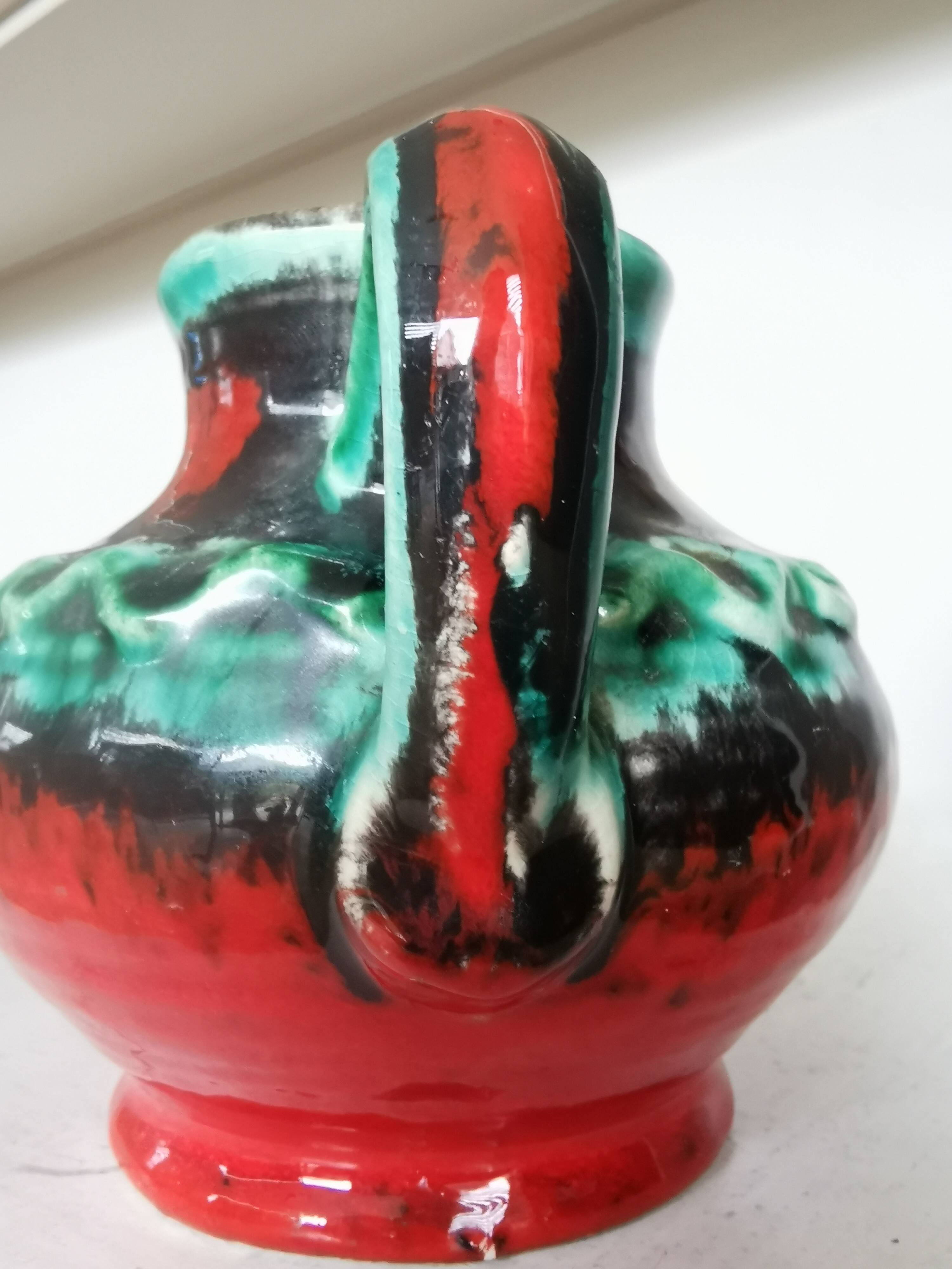 Fat Lava Pitcher Vase: Red Black Green Glaze, West German Pottery