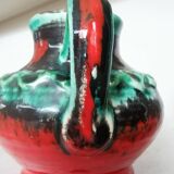 Fat Lava Pitcher Vase: Red Black Green Glaze, West German Pottery