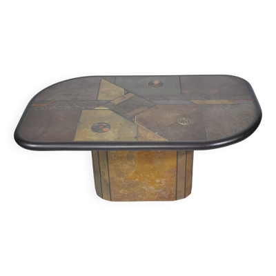 Table basse brutaliste en pierre, cuivre et laiton par Paul Kingma, années 70-80