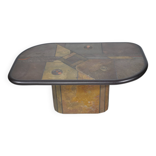 Table basse brutaliste en pierre, cuivre et laiton par Paul Kingma, années 70-80