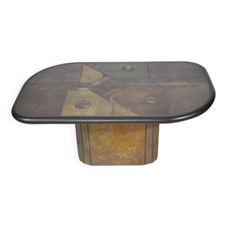 Table basse brutaliste en pierre, cuivre et laiton par Paul Kingma, années 70-80