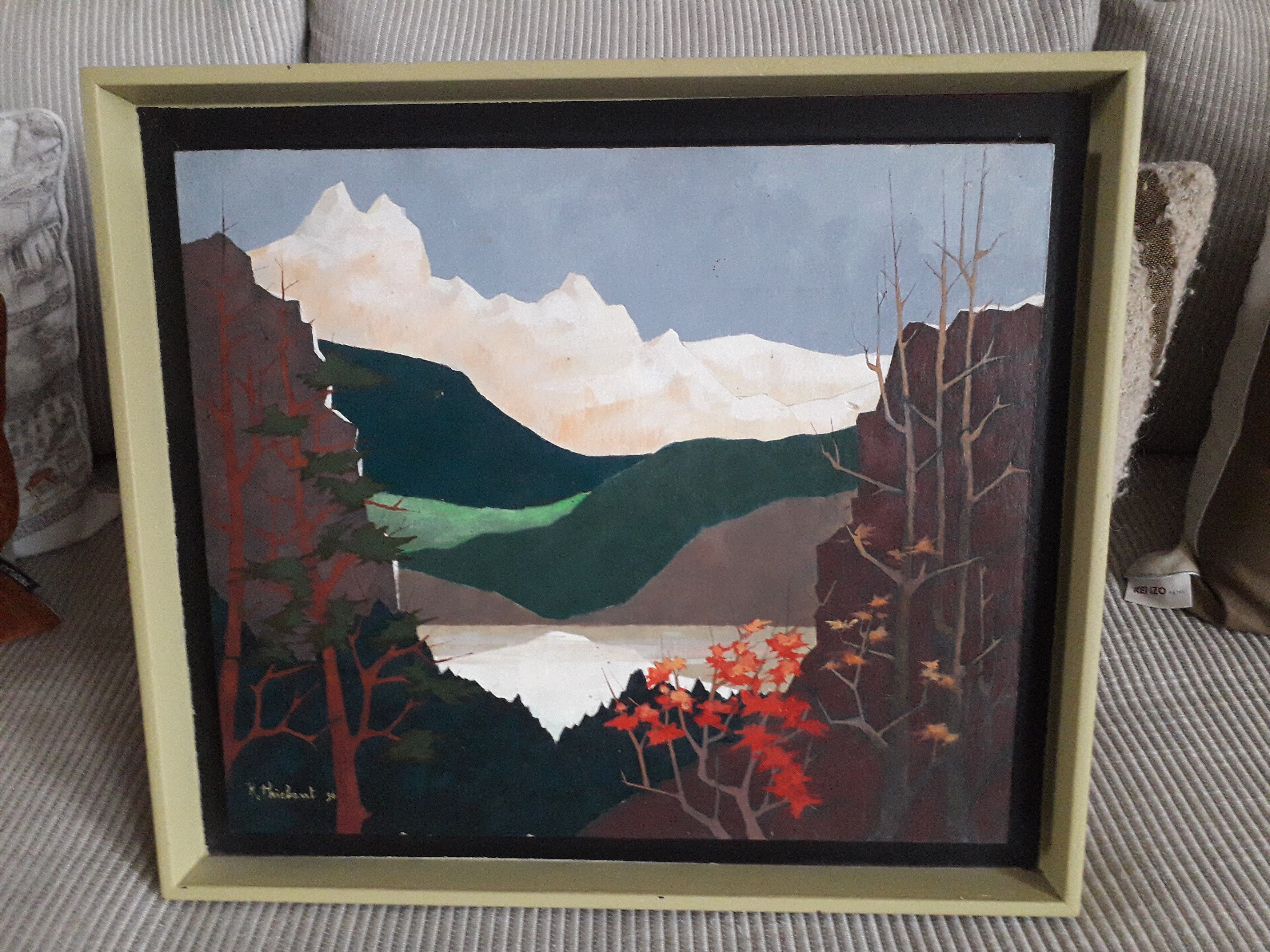 Old painting signed depicting a landscape of mountains