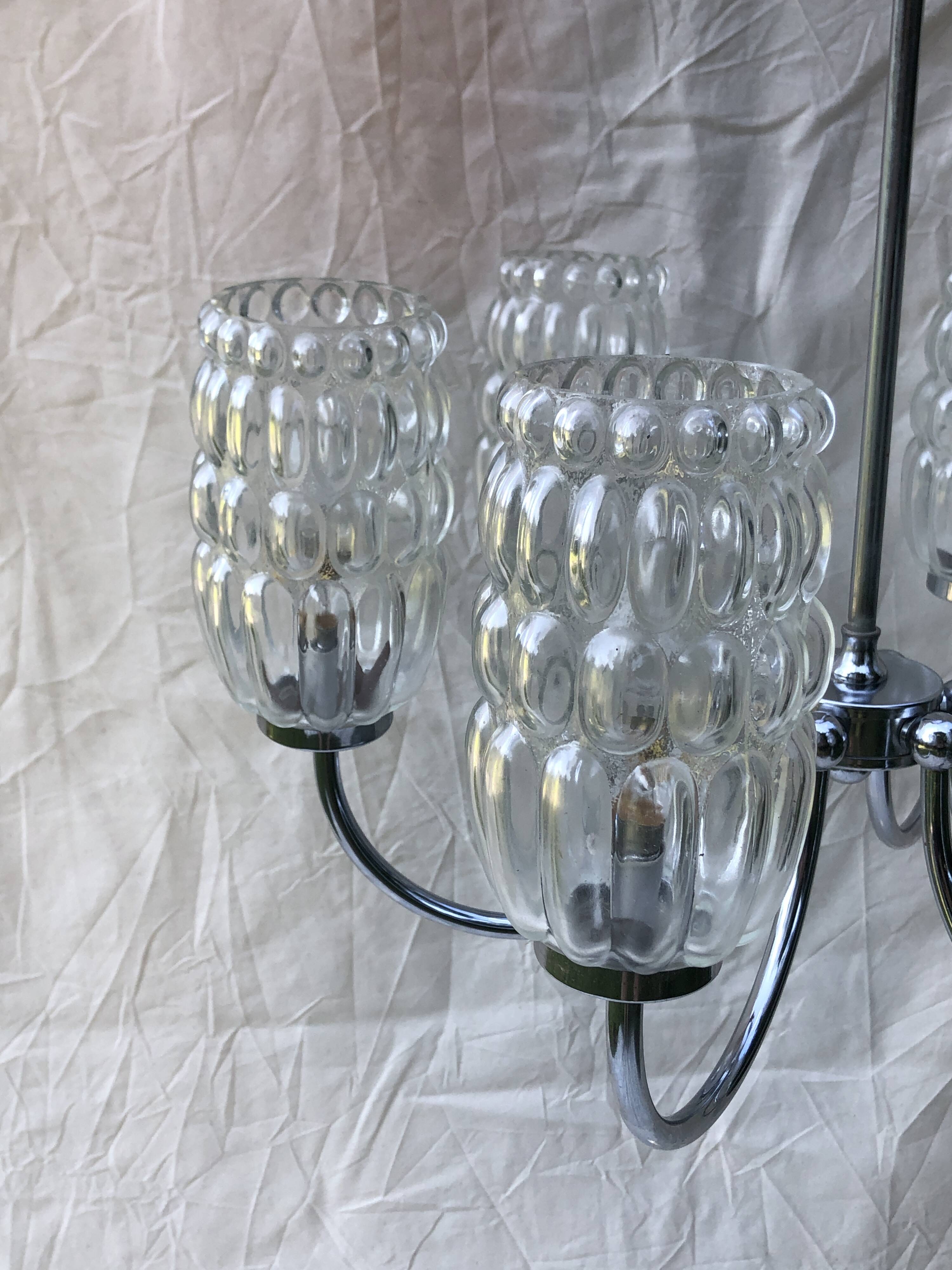6-branched chrome chandelier & glass lampshades