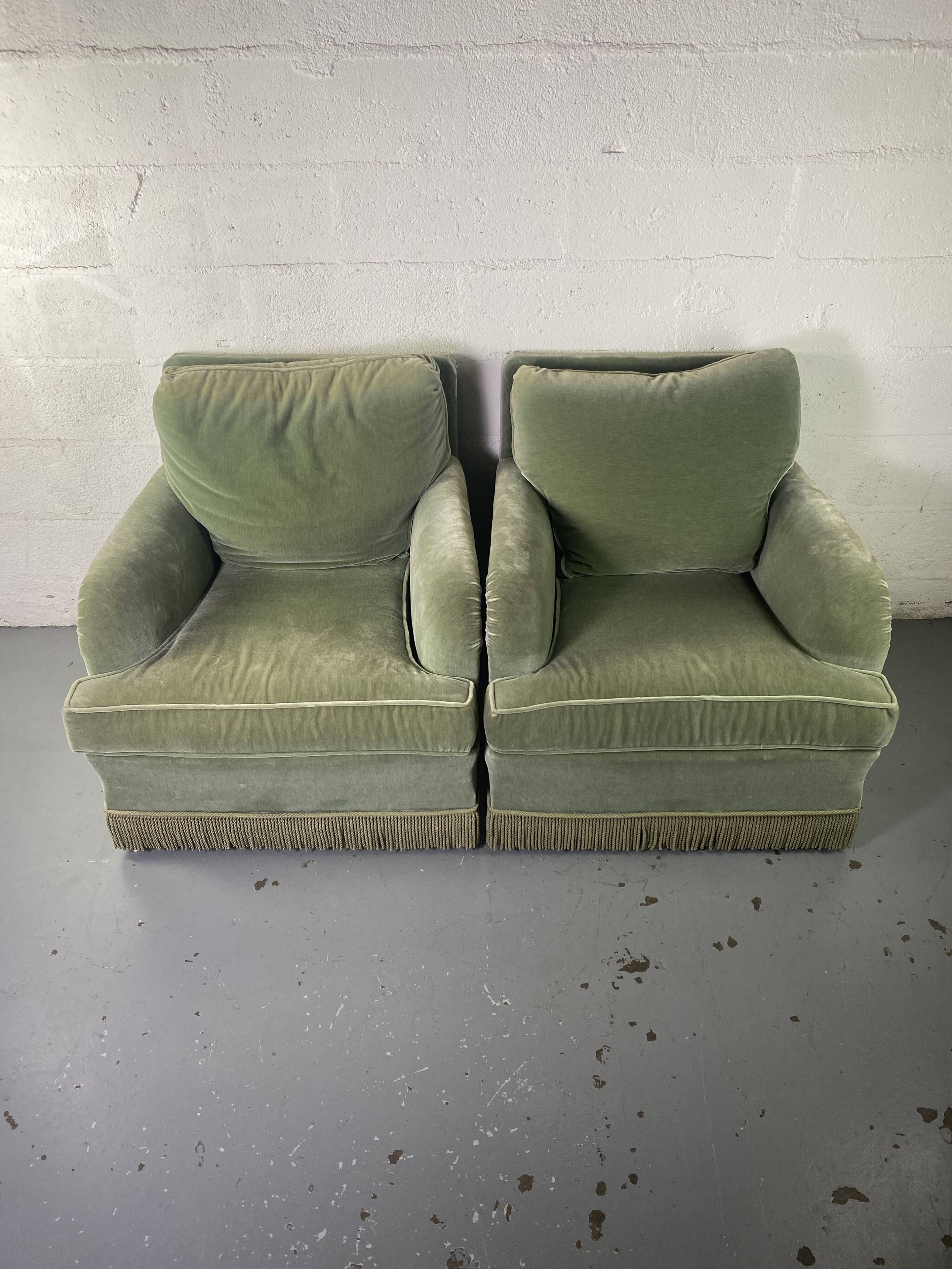 Pair of green velvet club armchairs
